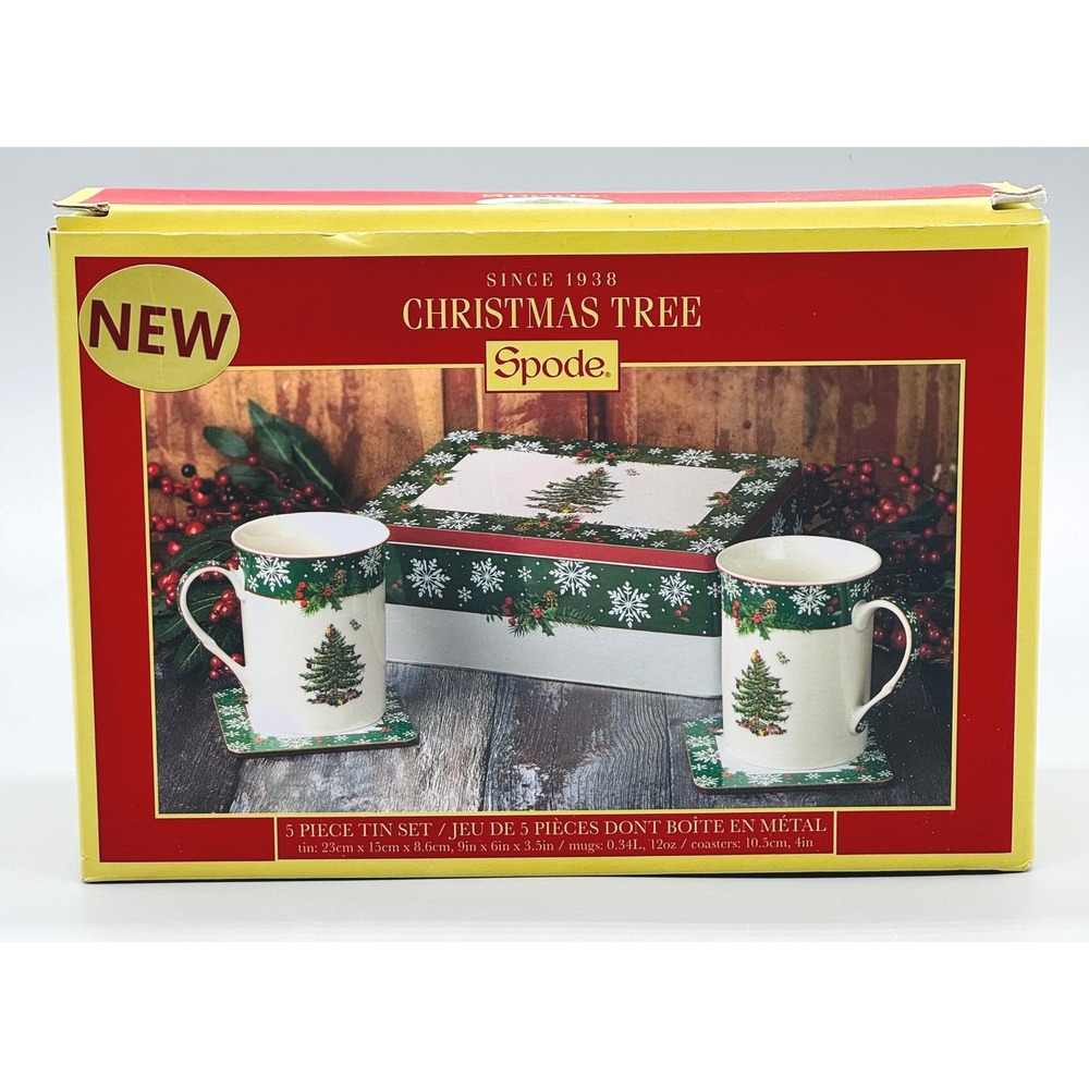 Spode Christmas Tree Mug Coaster Tin Gift Set Holly Snowflakes Holiday 5 Piece